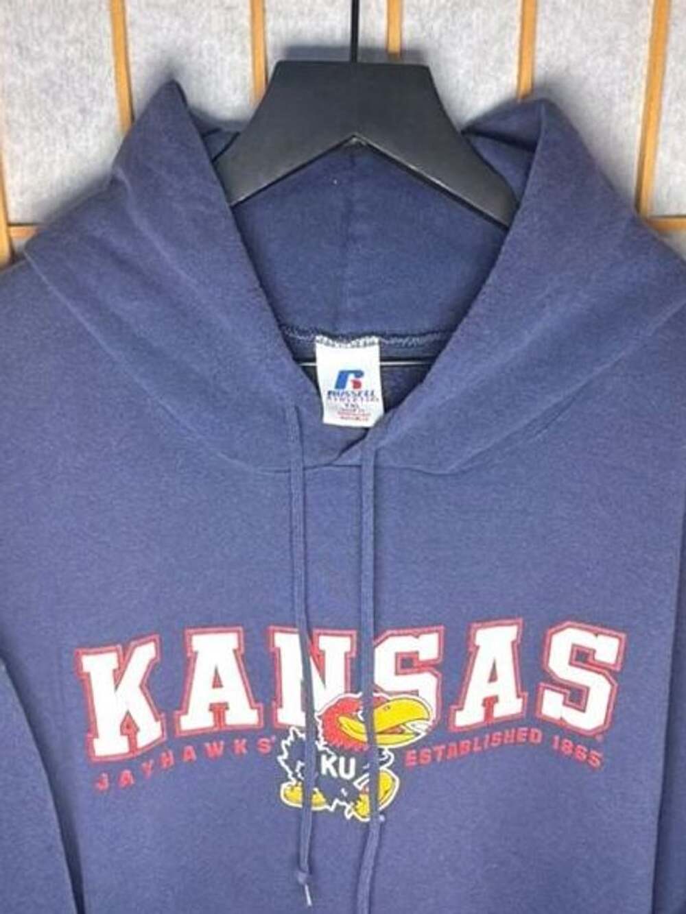 Old Russell Athletic Kansas Jayhawks Hoodie 2XL Navy Blue Collegiate Sweatshirt